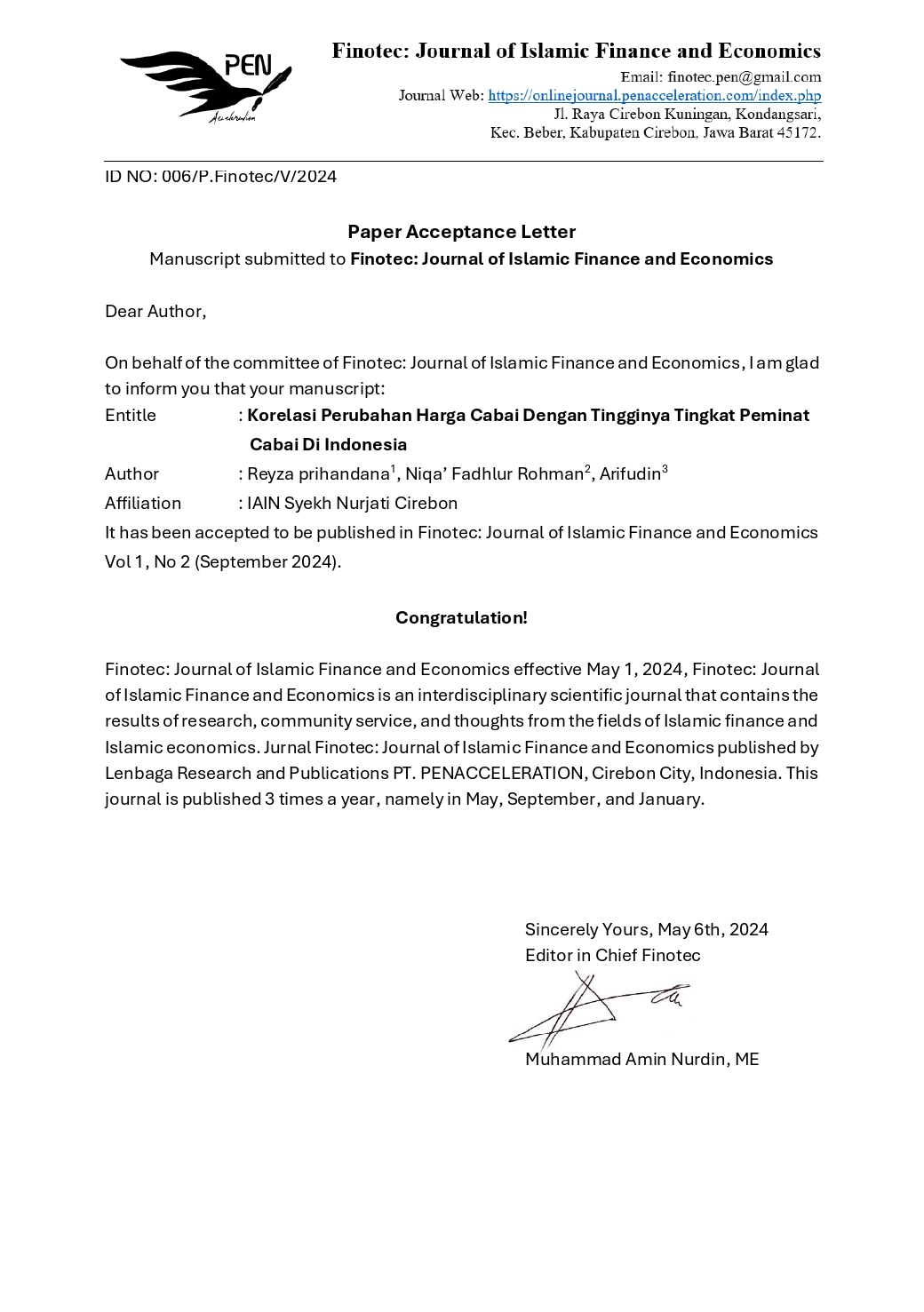 LOA Publikasi Jurnal Finotec
